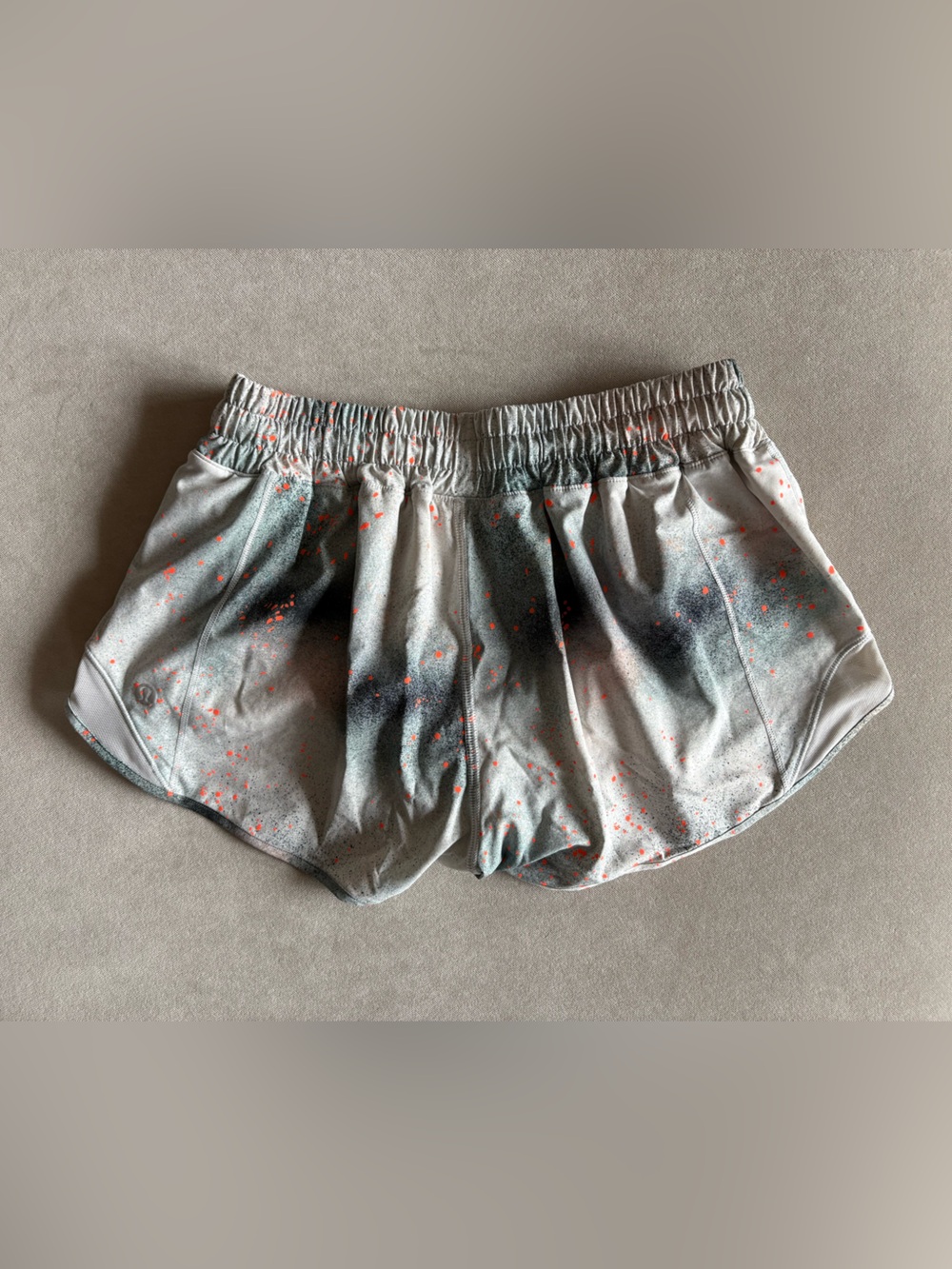 Lululemon Gray Athletic Shorts with Black and Neon Orange Splatter